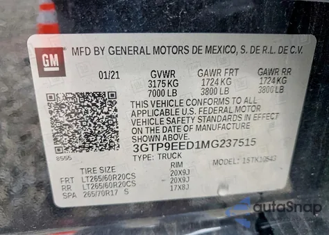 2021 GMC Sierra K1500 At4 z USA, uszkodzony, nr VIN 3GTP9EED1MG237515
